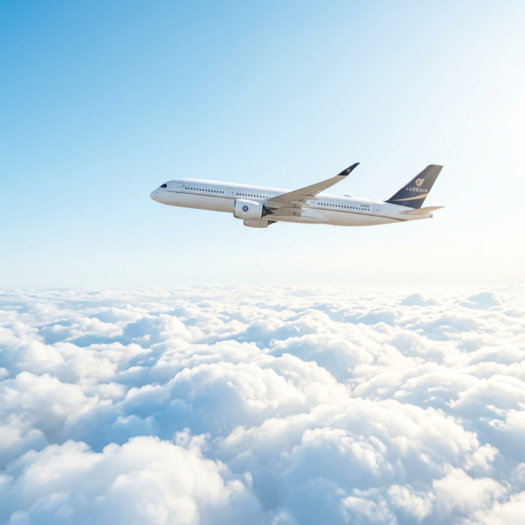 Airplane soaring through bright sky